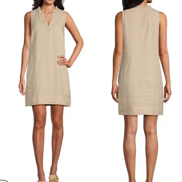 TOMMY BAHAMA Women Sz M Natural Two Palms Double Ruffle Linen Sleeveless Dress. - Picture 11 of 11